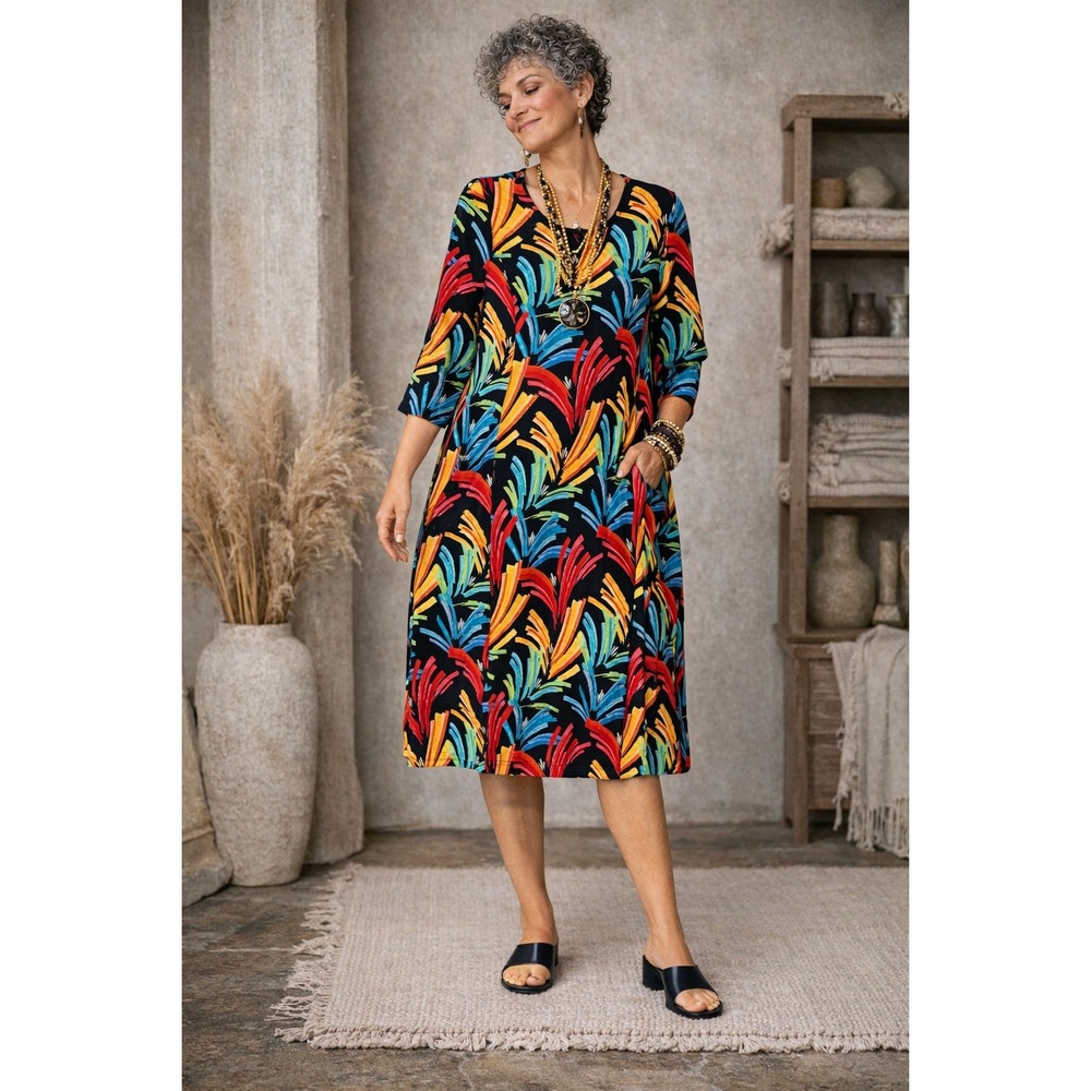 Kozan NWT Blaze Dress Multi Color‎ Abstract Print 3/4 Sleeve Midi Lagenlook- M